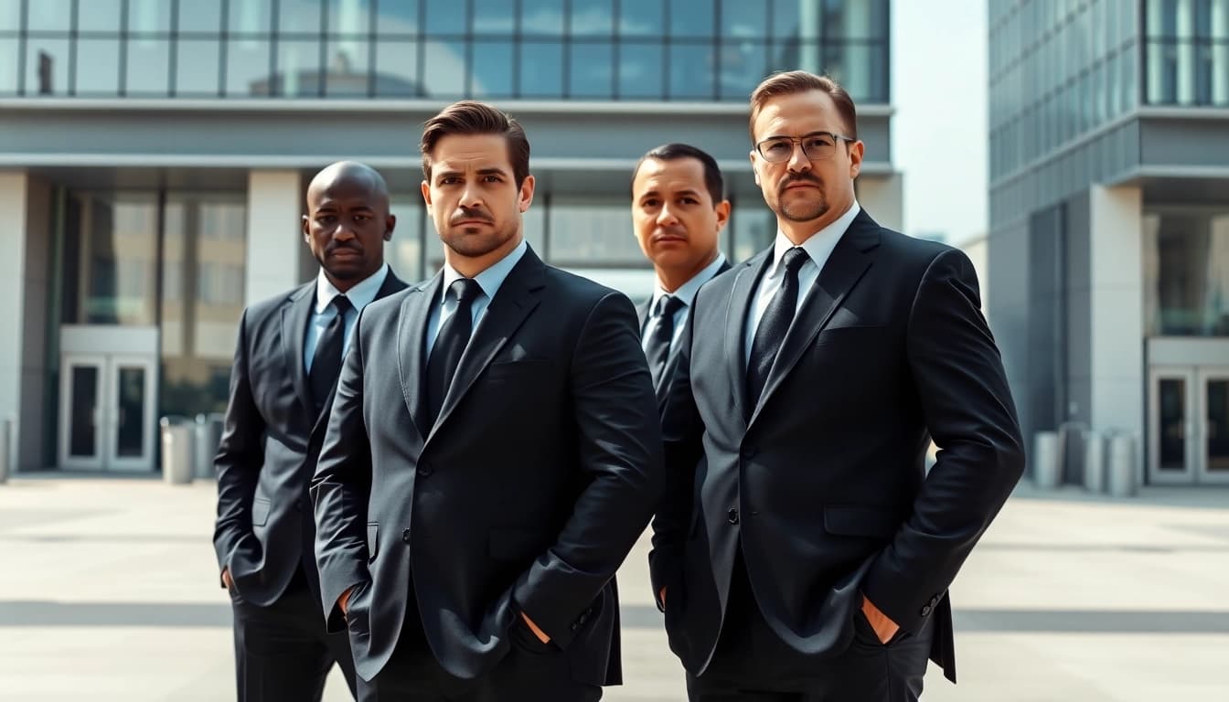 Bodyguards for hire showcasing professionalism and readiness in a cityscape setting.