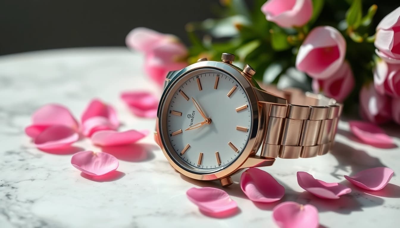 Capture the essence of elegance with a Ladies Classic Smart Watch adorned by soft pink petals.