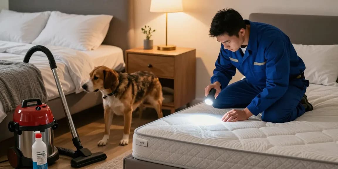 Bed bug exterminators inspecting a mattress in a cozy bedroom for effective treatment.