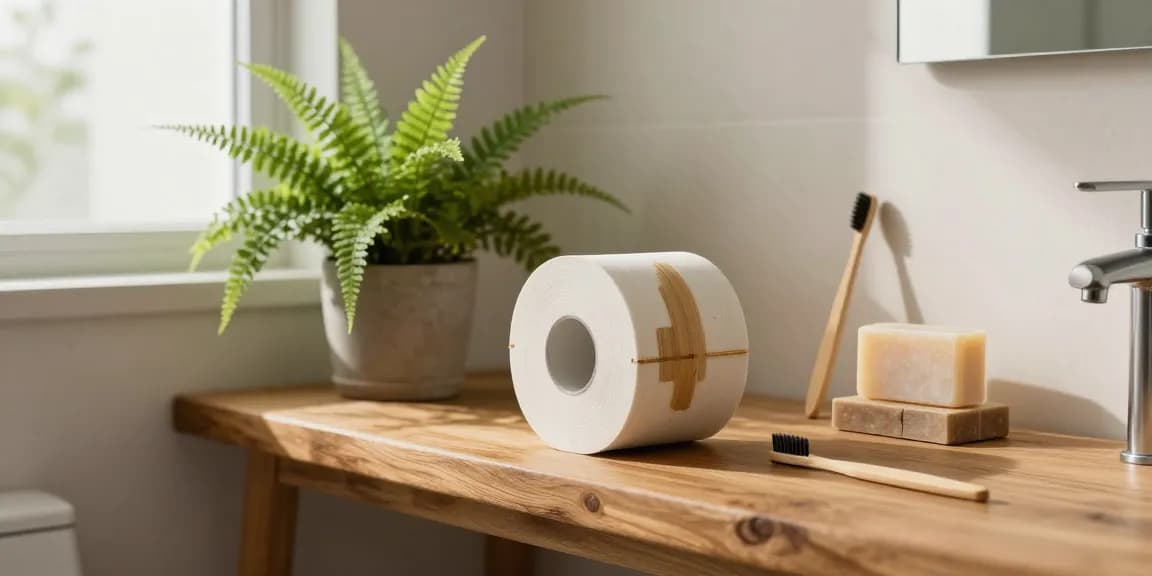 Bamboo toilet roll showcased in a stylish eco-friendly bathroom with natural light, promoting sustainable living.