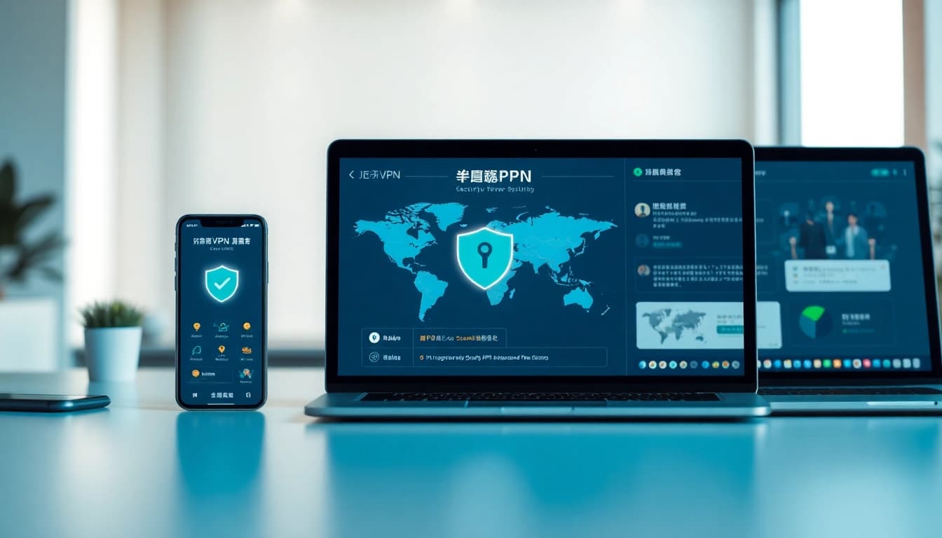 快连官网 VPN 应用在现代化工作区的设备上展示，象征安全与连通性。