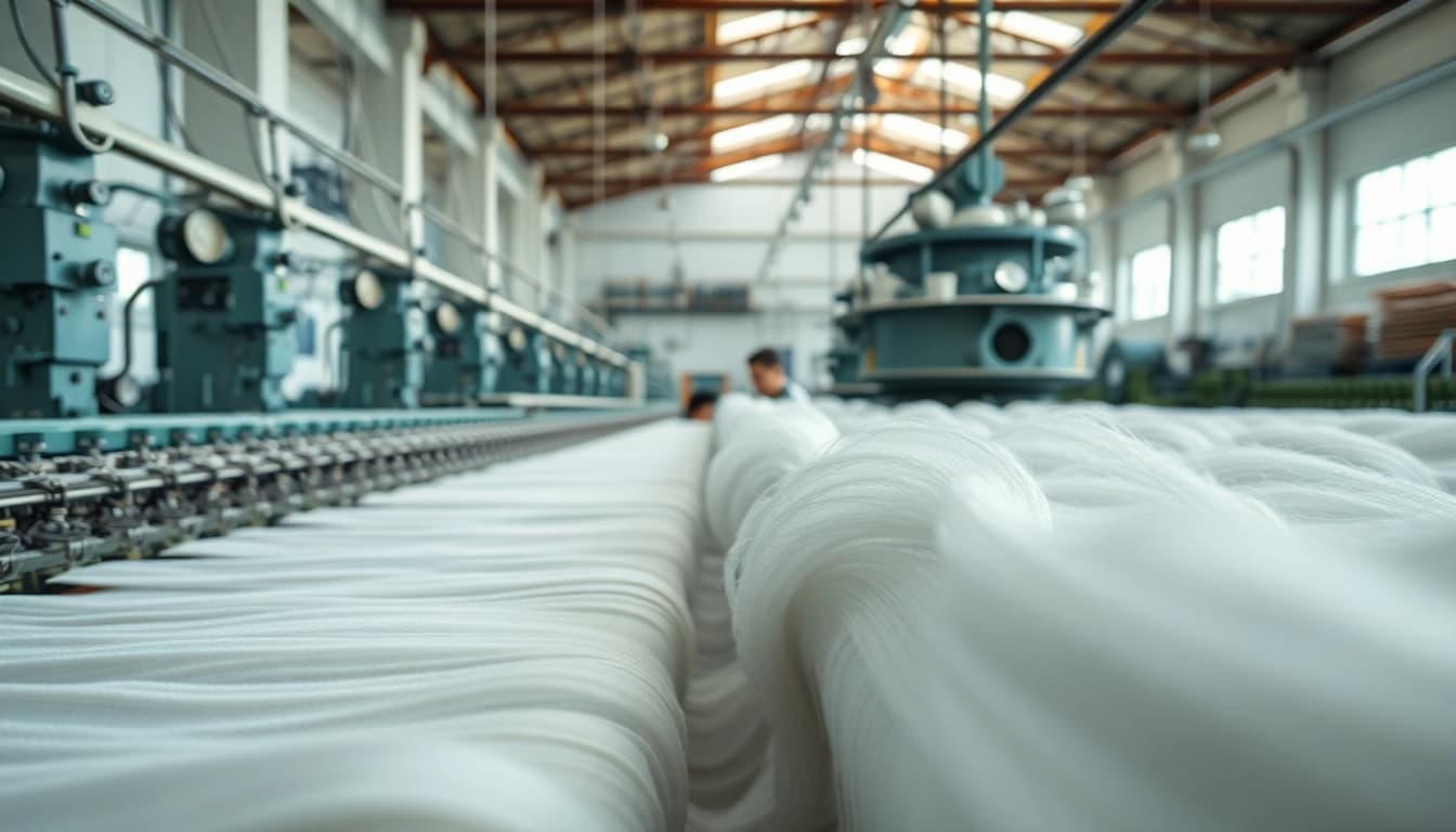 Viscose producent in een textielfabriek met delicate vezels en machinewerking.