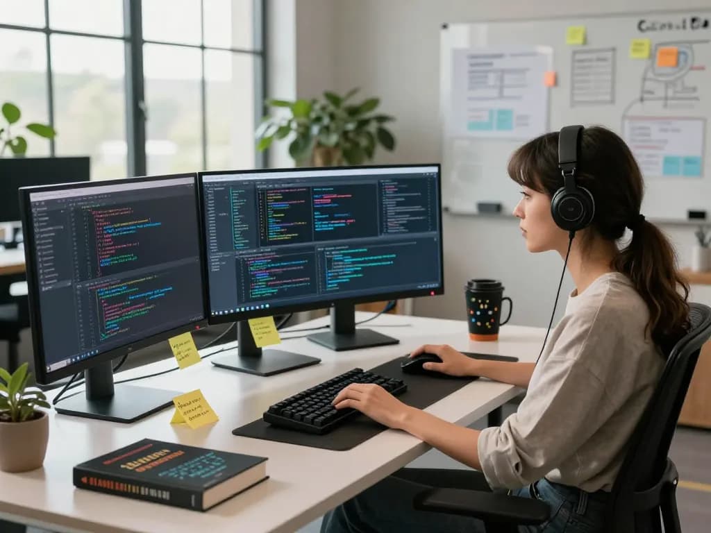 Developer working on spicy ai projects in a modern office setting with vibrant coding screens.