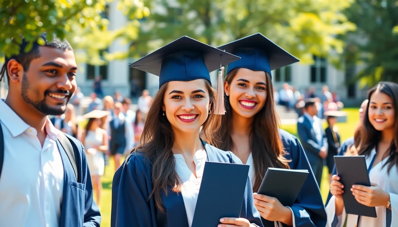 Graduates joyfully celebrating their achievements outdoors, showcasing diplomas and caps.