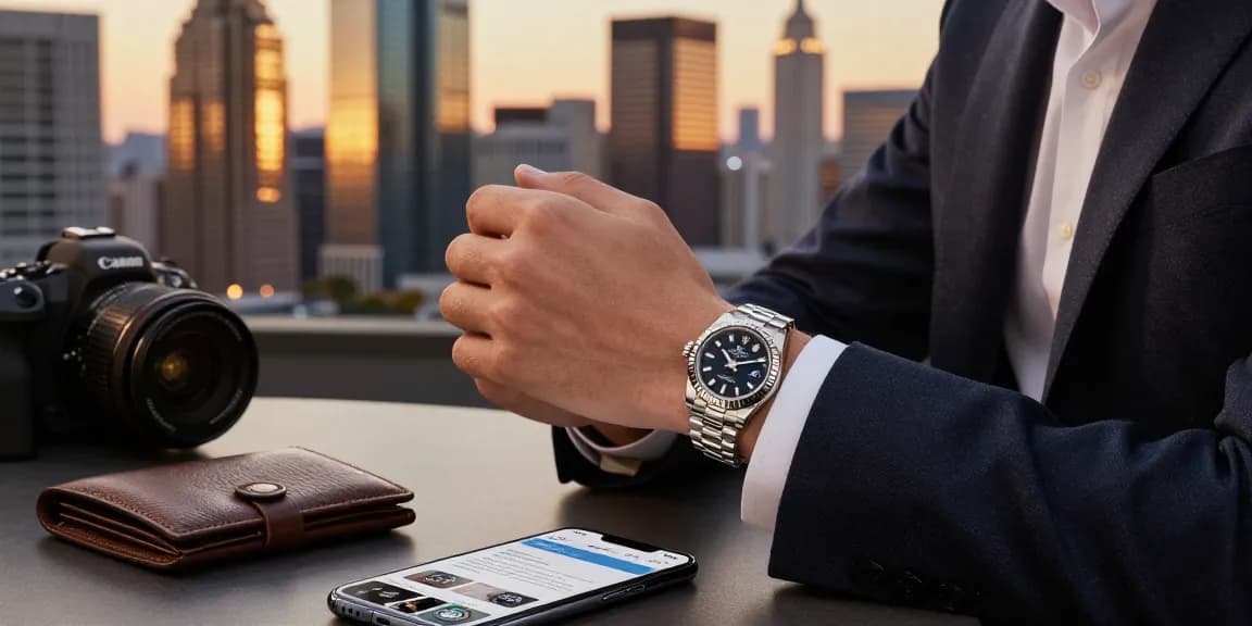 Person showcasing a luxury rolex replica watch against a city skyline, highlighting its elegance and craftsmanship.