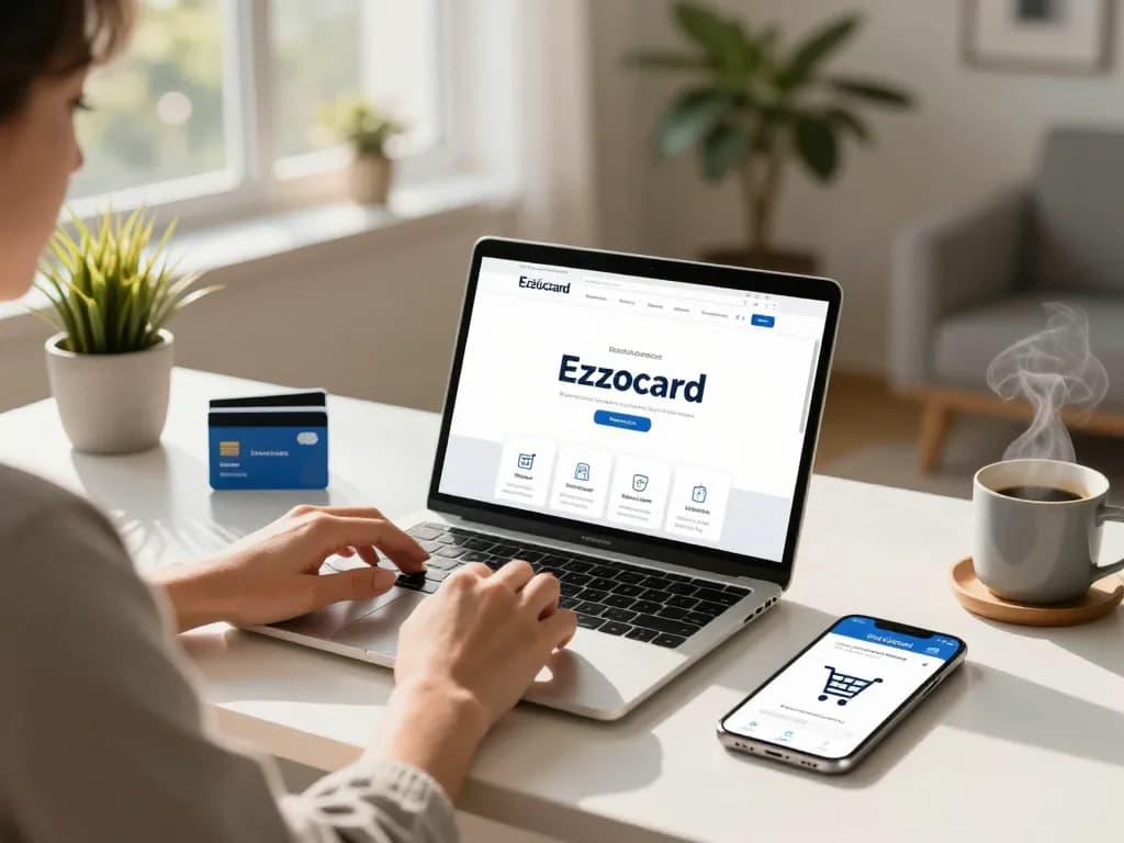 Ezzocard user managing virtual prepaid cards in a modern home office.