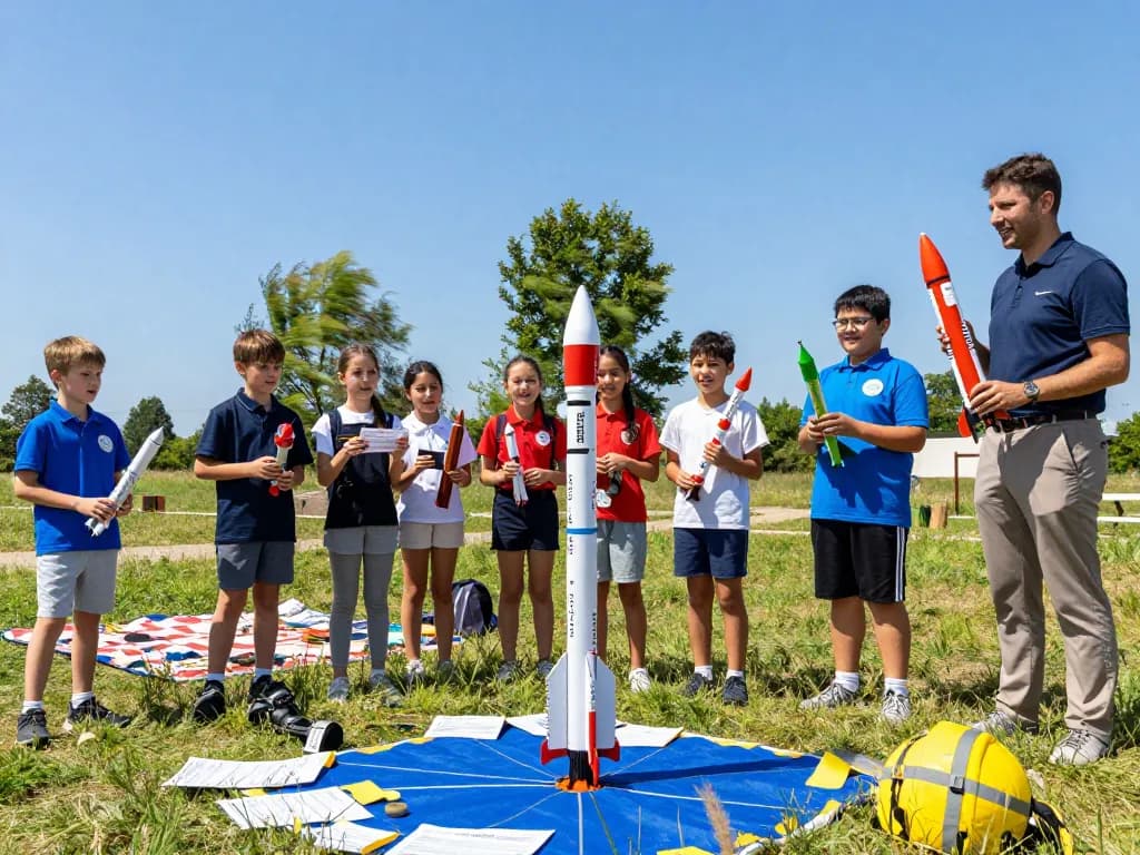 Children excitedly preparing model rocket motors for launch in a sunny field