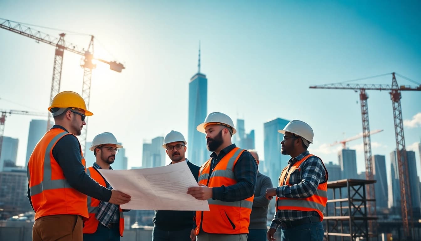 New York Commercial General Contractor team discussing plans on an urban construction site in NYC.