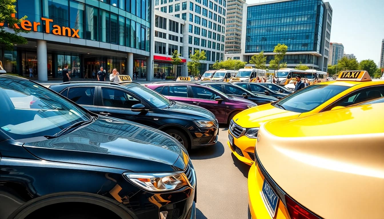 Taxis lined up in a city square showcasing vibrant designs and colors.