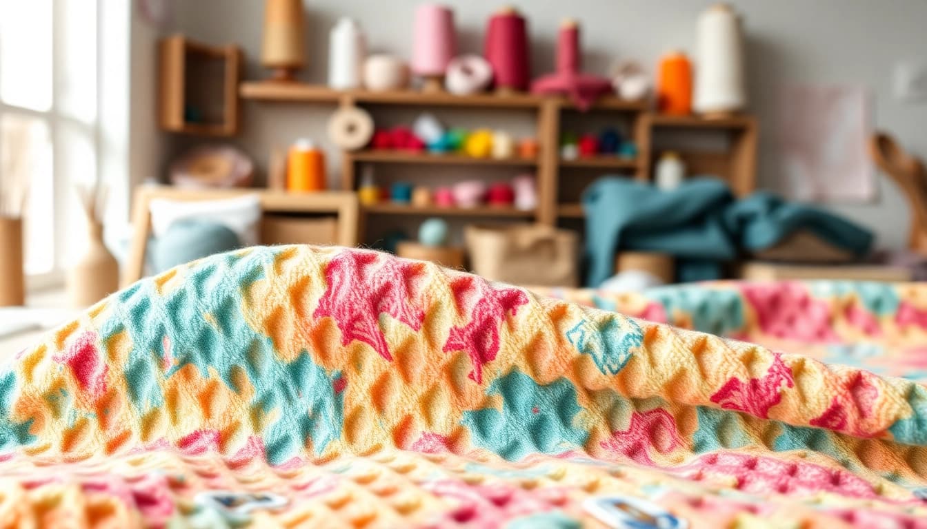 Voorstelling van goedkope wafelkatoen met texturen en patronen in een atelier.