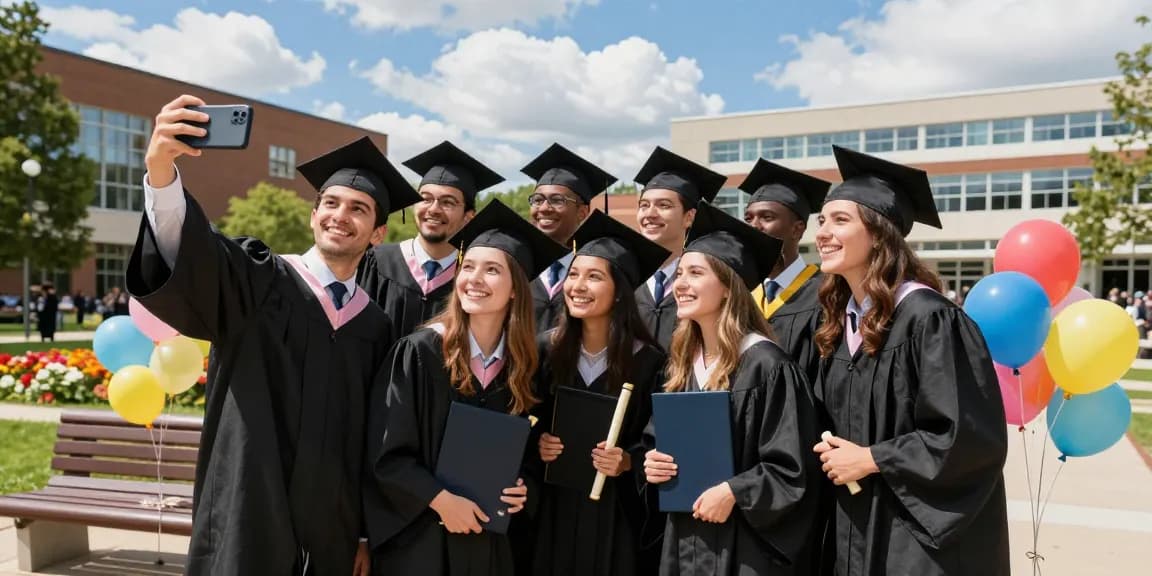 University and trade schools graduates celebrating achievements outdoors with diplomas and smiles.