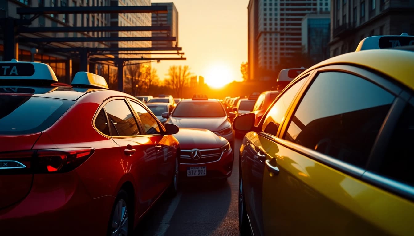 Taxis lined up at a busy urban stand, showcasing vibrant designs and inviting atmosphere.
