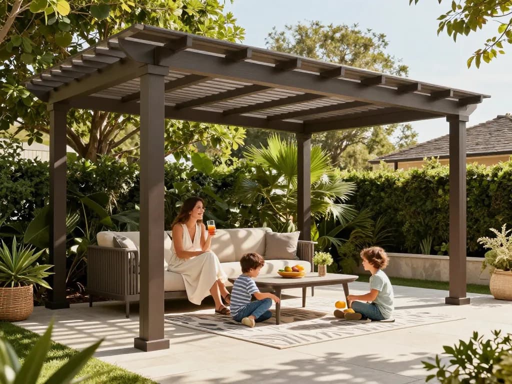 Family gathering under a pergola configurator-designed outdoor patio, enjoying drinks and playful moments.