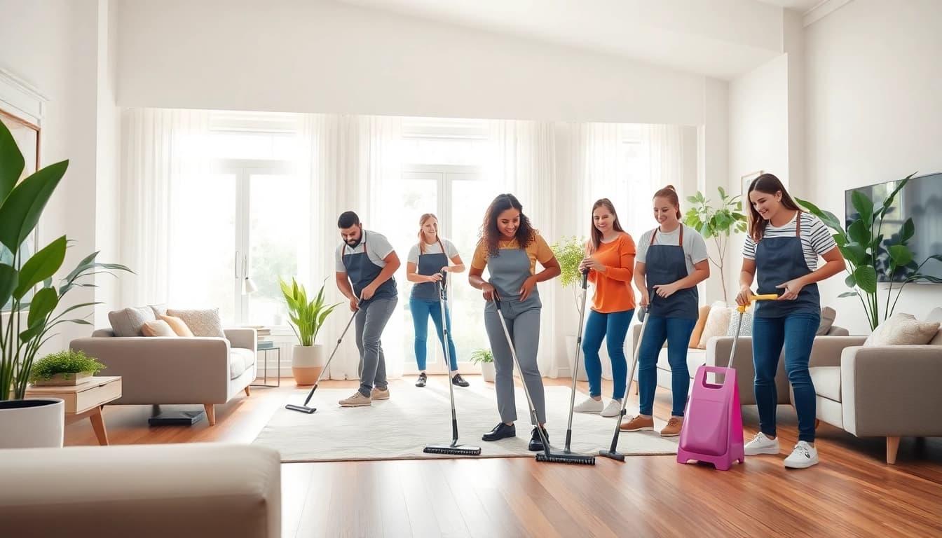 Offering efficient cleaning services near me with a dedicated team in a bright living room.