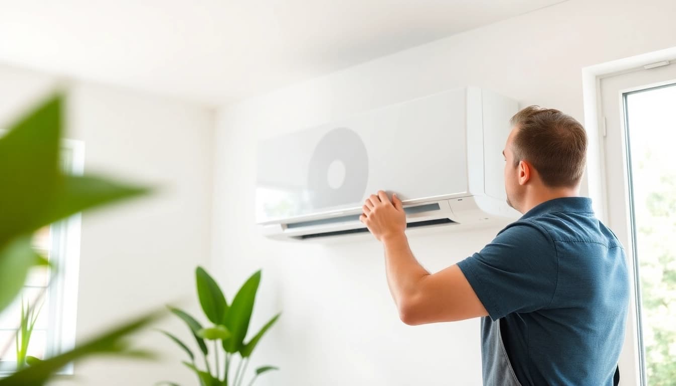 Install mini split ac in a modern room with a technician ensuring optimal performance.