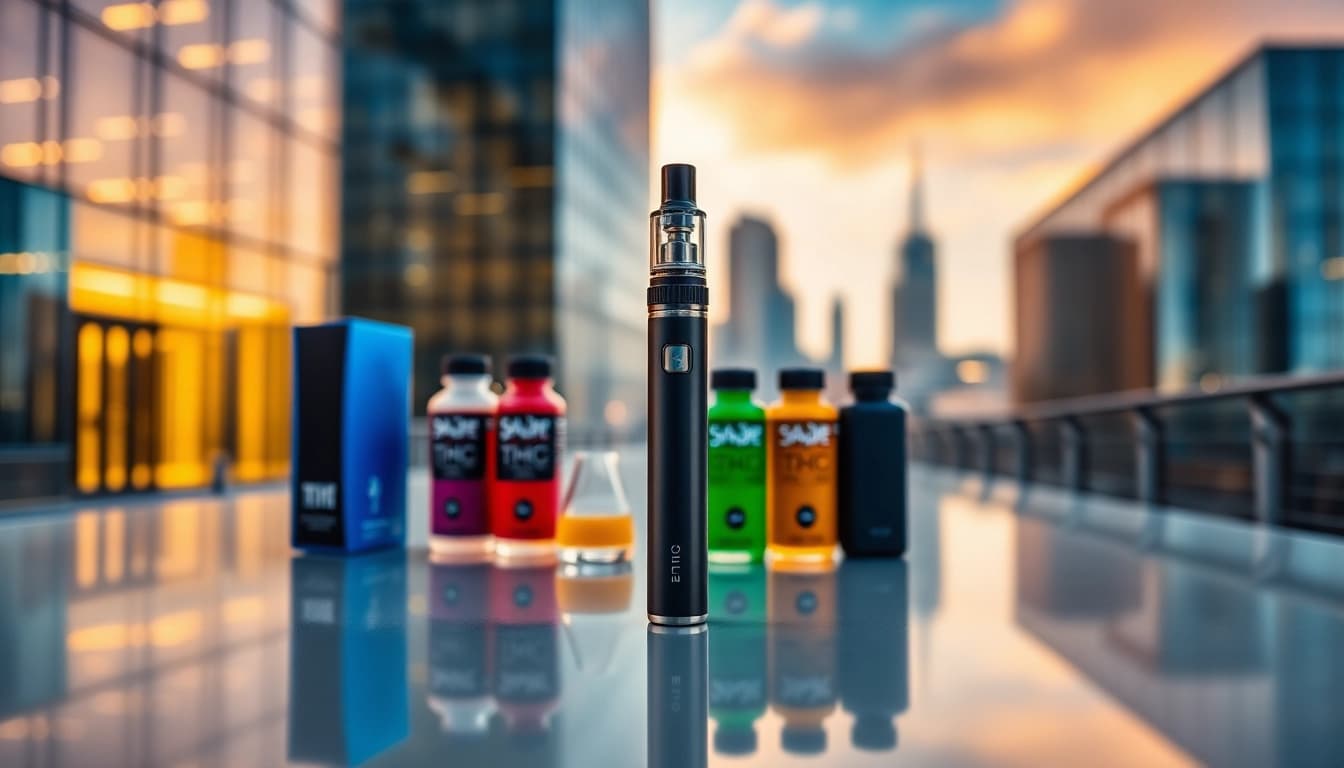 Shop THC vape for sale near Manchester with a stylish urban backdrop and appealing vape products.