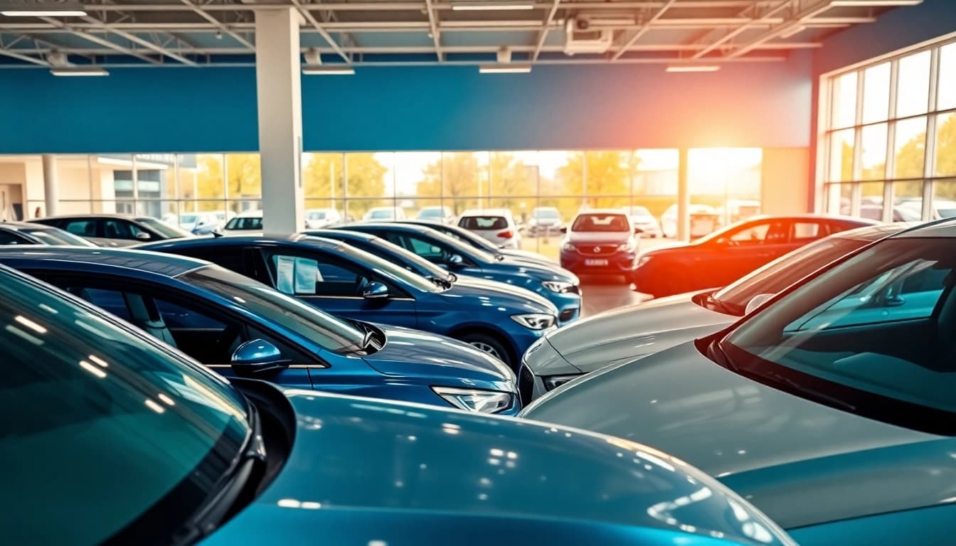 Showcase of vehicles at a car dealership in Egham, inviting atmosphere with modern designs.