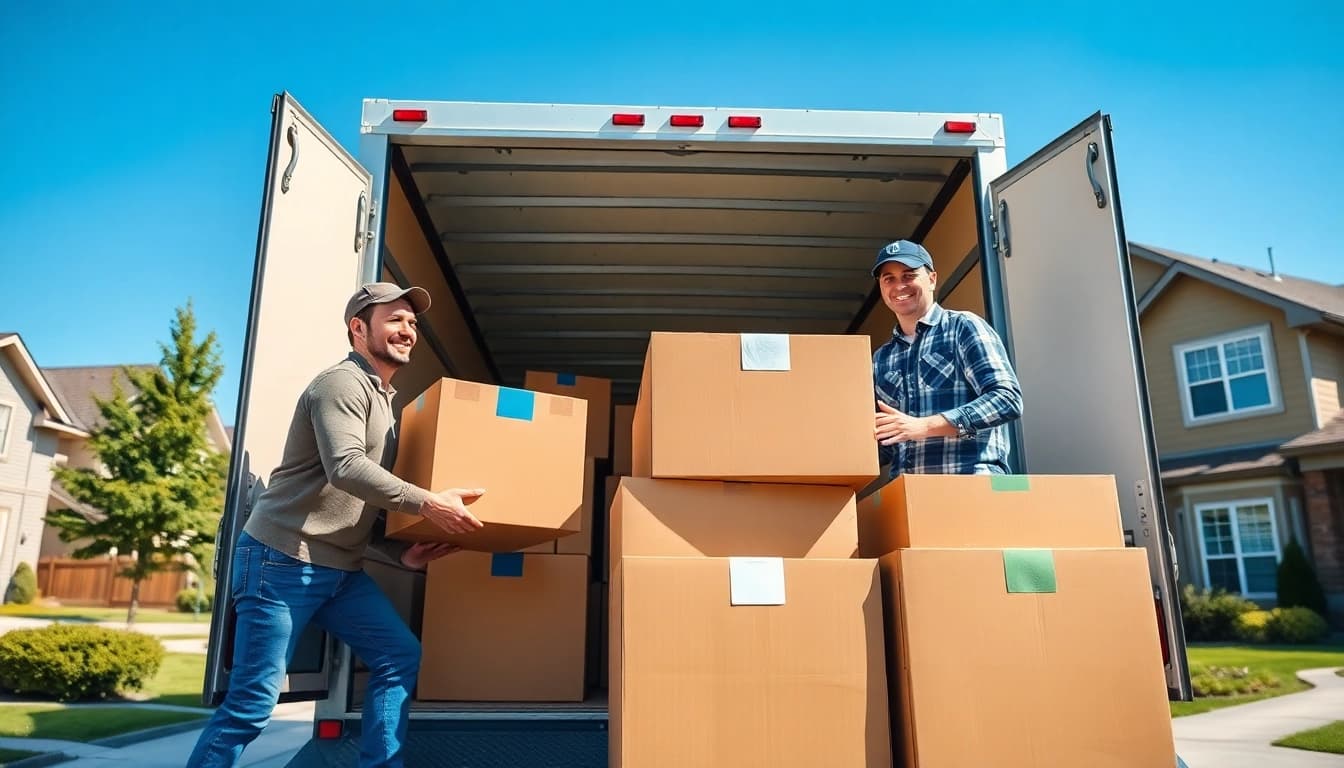 Movers from moving companies calgary organizing packed boxes in a bright moving truck.