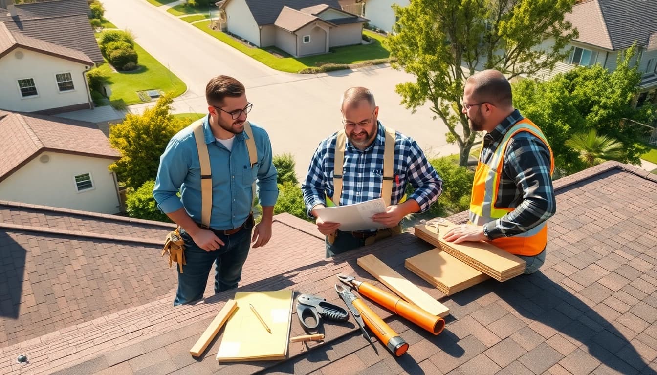 Roofing company experts inspecting a residential roof with tools in sunlight.