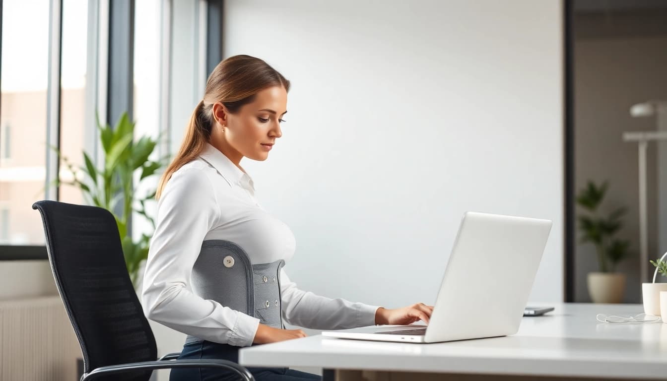 Wearing a posture garment, model showcases correct posture while working at a desk.