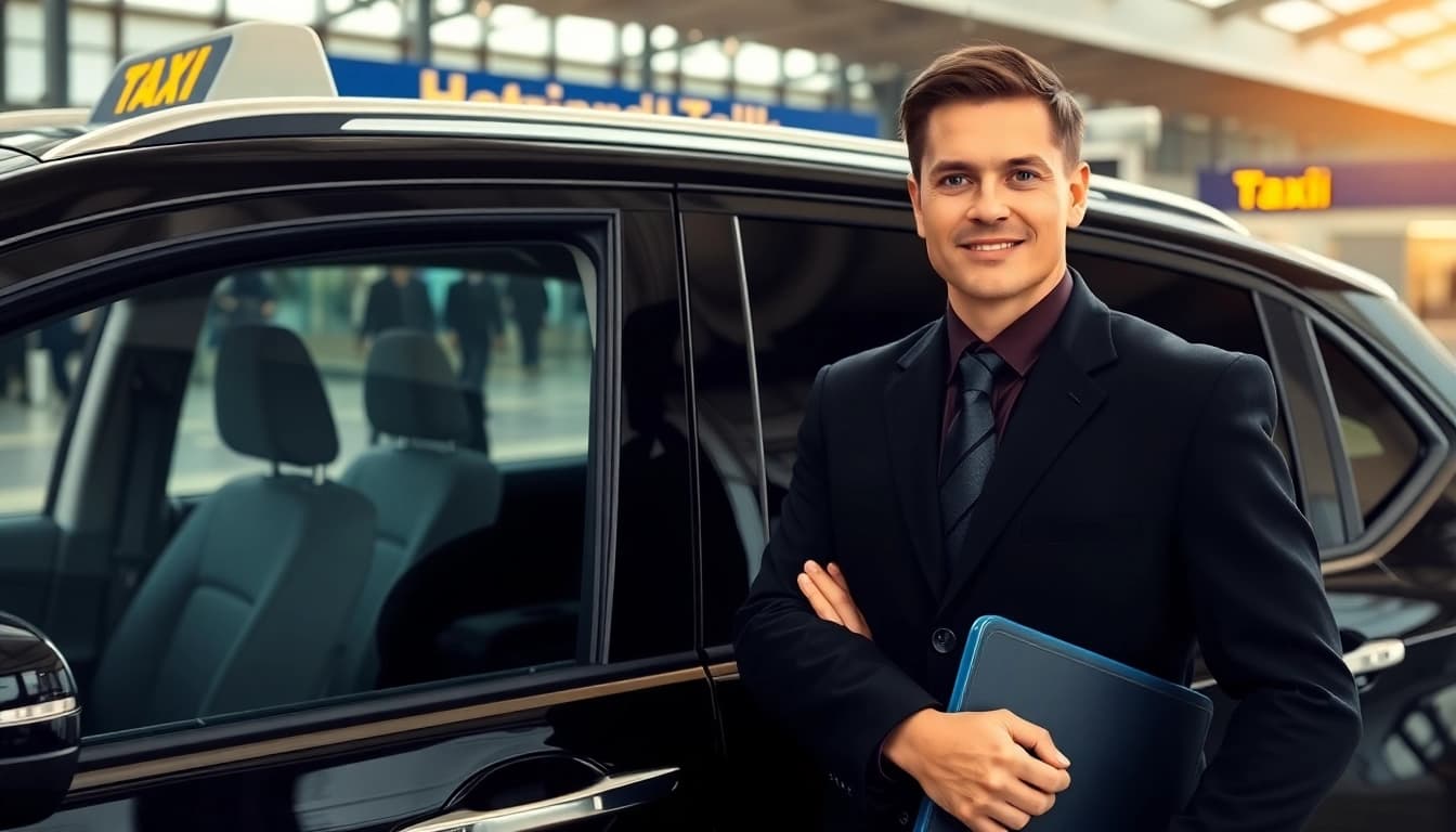 Offering Nottingham to Heathrow Taxi services with a professional driver and a sleek taxi at the airport.
