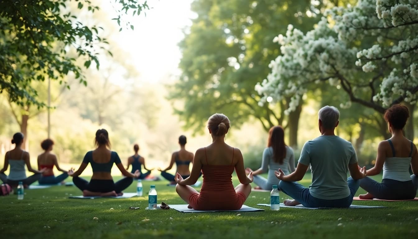 Practice mental wellness by meditating in a peaceful park setting with diverse individuals.