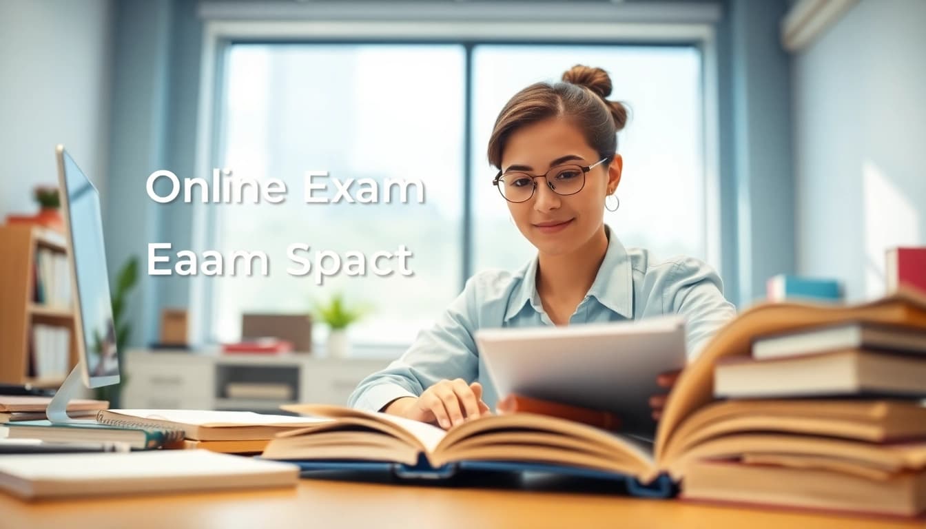 Students engaging in online exam assistance at a bright and organized study space.