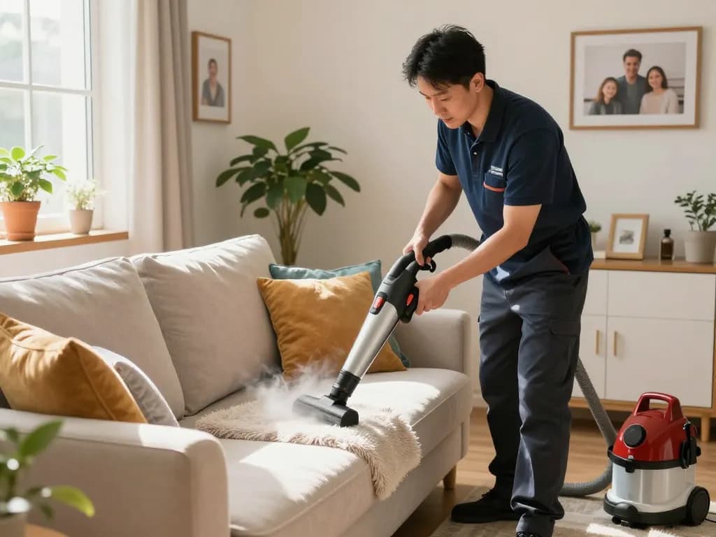 Professional upholstery cleaner restoring a sofa in a cozy living room, showcasing local community blogs benefits.