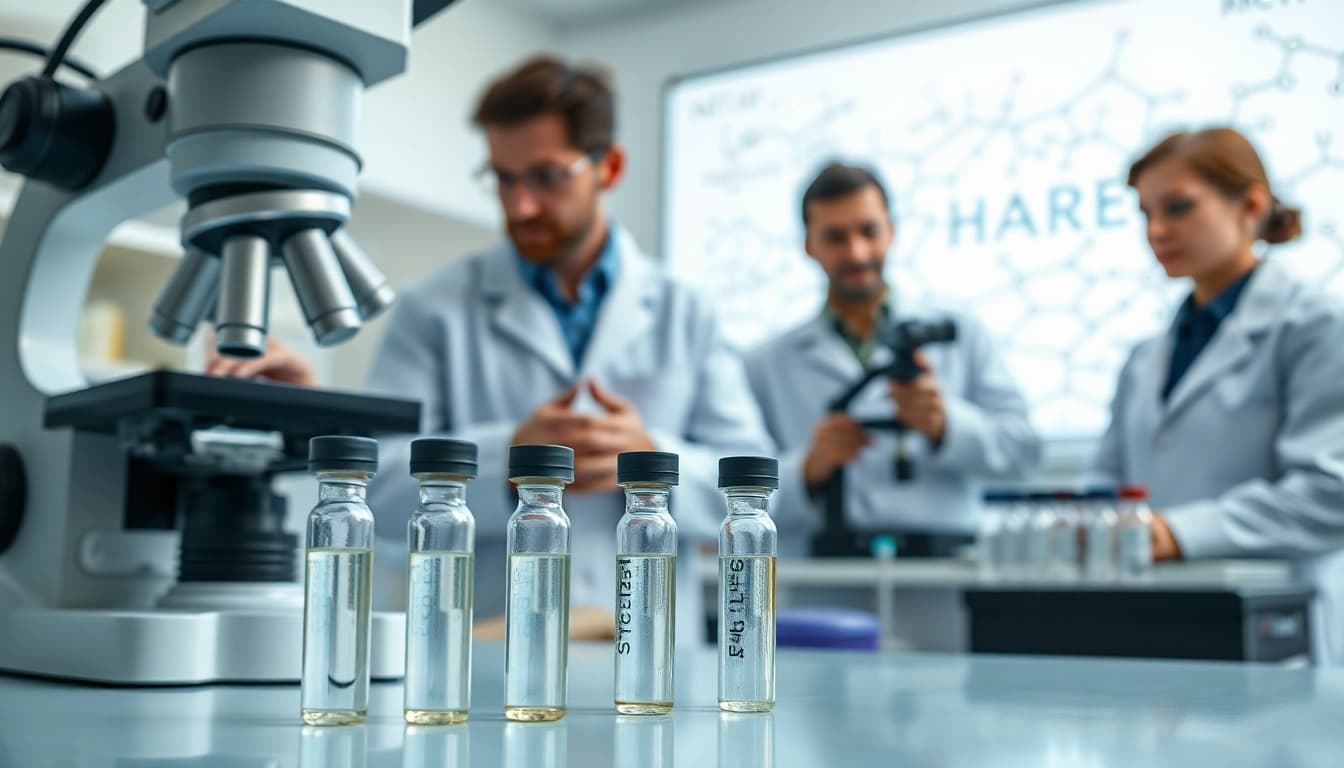 Showcase of Peptides UK in a professional lab featuring researchers examining peptide samples.