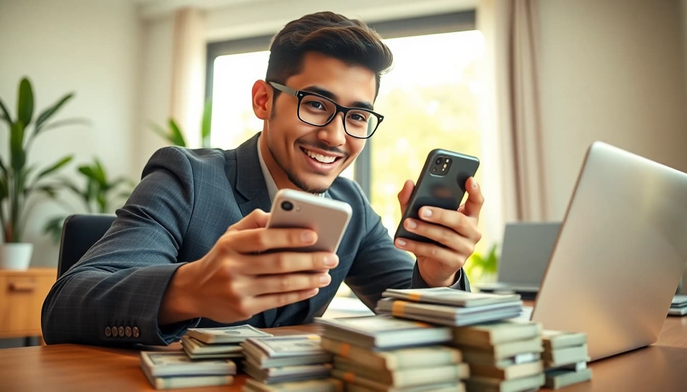 Sell Phone For Instant Cash with a young adult excitedly assessing their smartphone and cash in a bright home office.