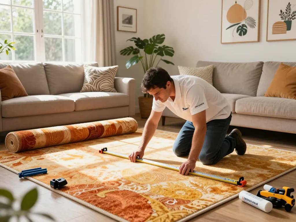 Professional carpet fitters near me installing soft carpet in a cozy living room.