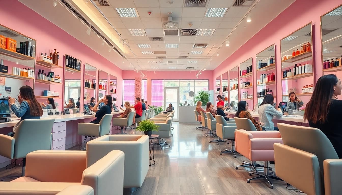 Hair salon reviews showcasing a vibrant salon with diverse stylists and happy clients.