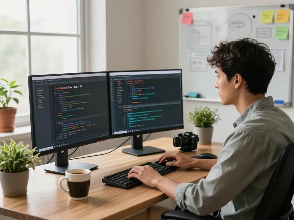 Open claw AI software development scene in a cozy home office with natural light.