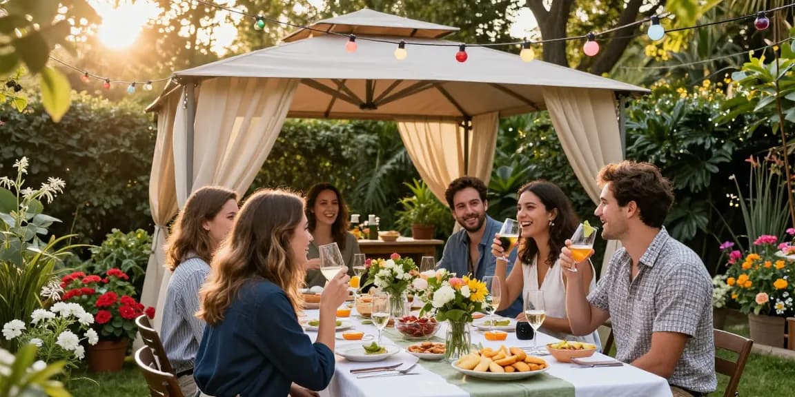 Gathering under stylish pop-up gazebo from https://www.gazebohirelondon.co.uk/, featuring friends enjoying a vibrant outdoor party.