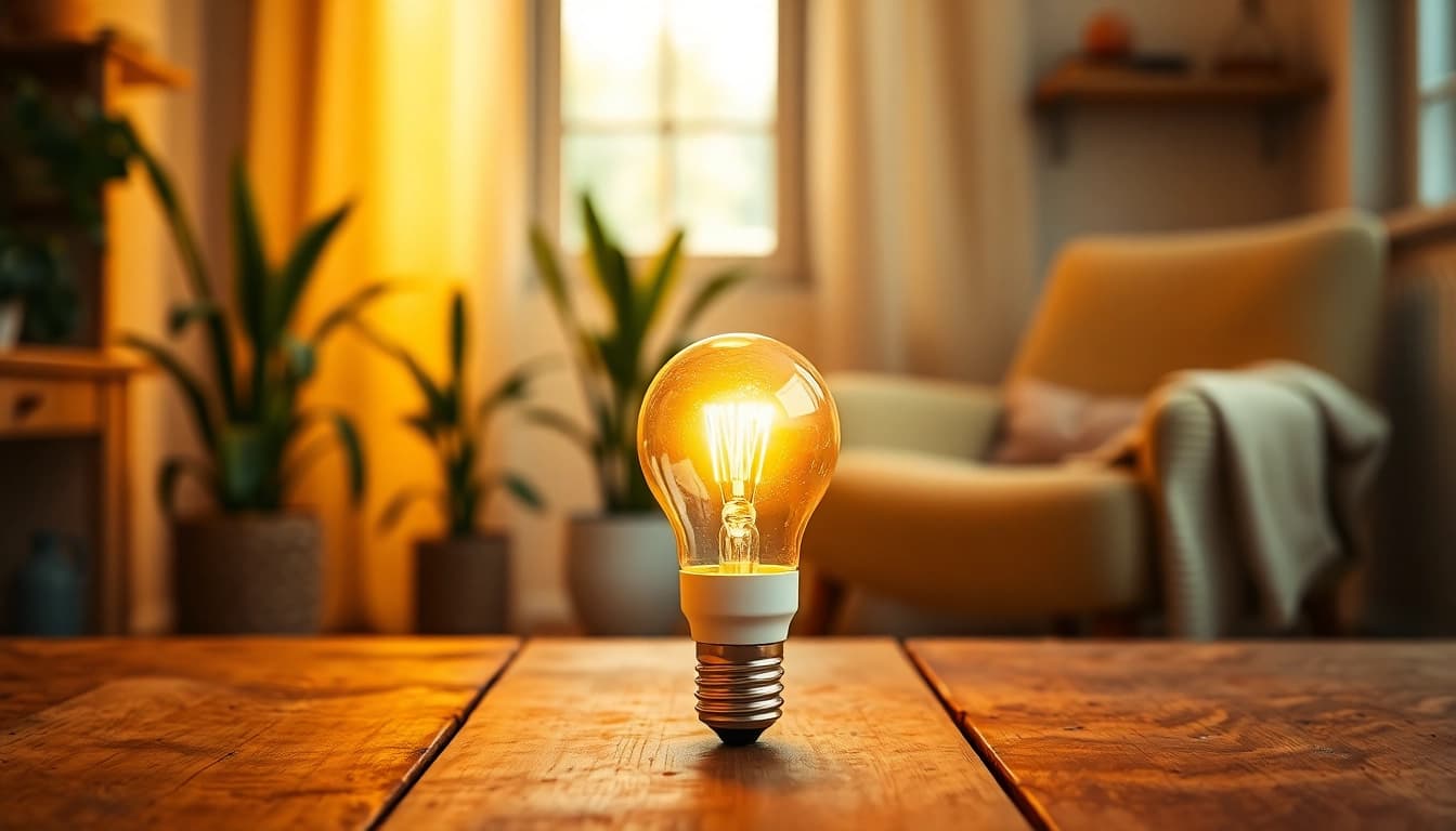 Illuminate your space with a warm LED A19 bulb on a inviting wooden table.