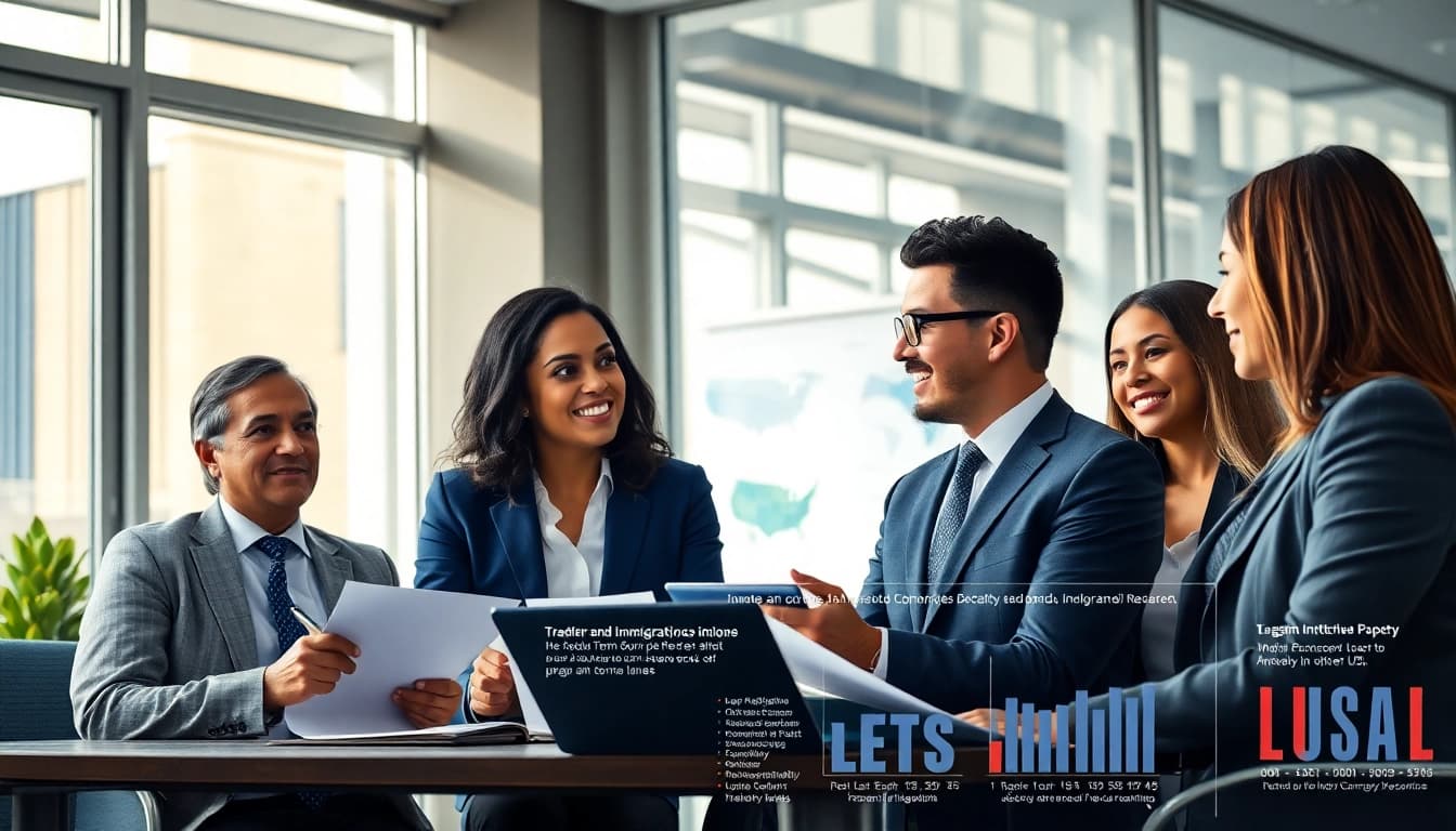 Lawyers discussing trademark and intellectual property in the US within a modern office.