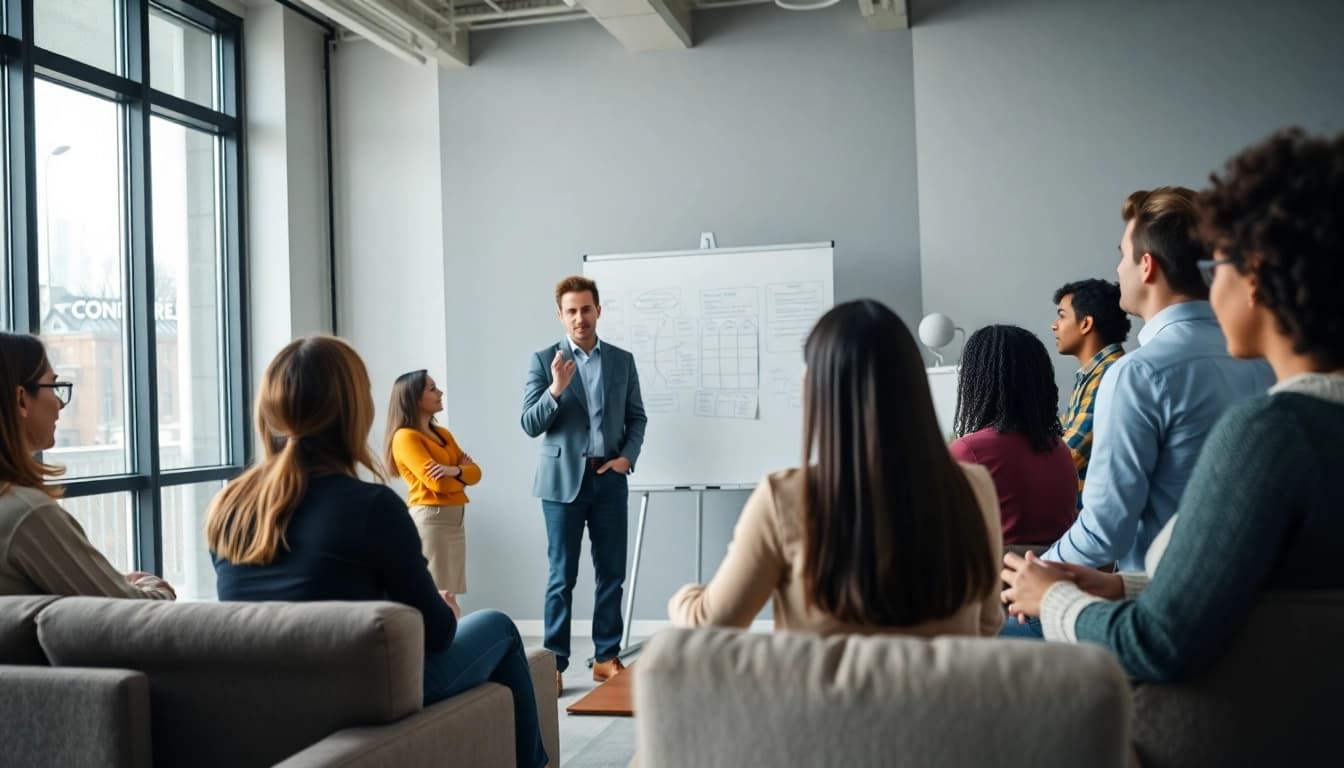 Engage in neuroinclusion training with diverse groups collaborating in a professional setting.