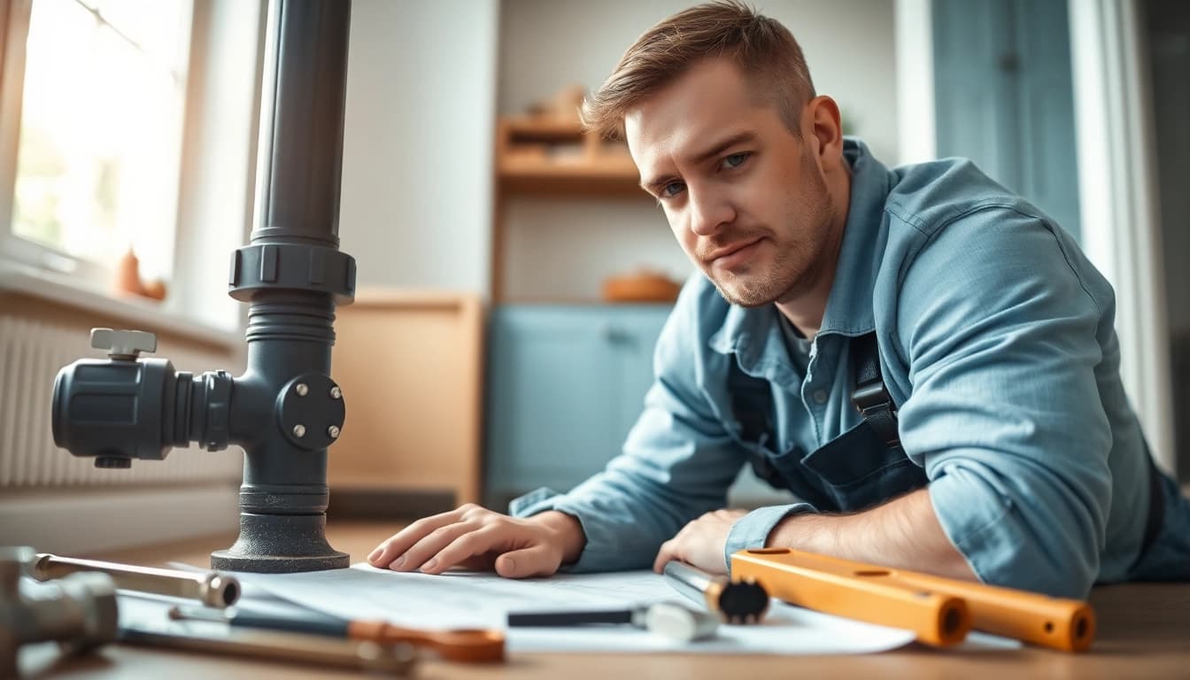 Find expert plumbing services with this plumber near me fixing pipes in a home setting.