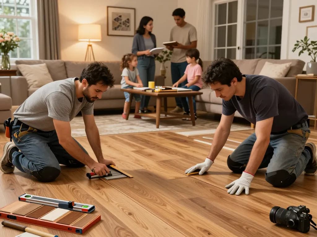 Experienced flooring specialists near me installing beautiful hardwood in a warm, inviting home.
