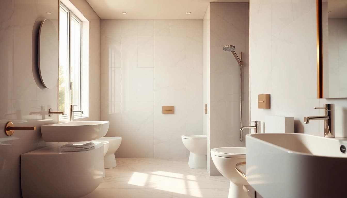 Gestalte sonni sanitär mit modernen Badezimmerarmaturen in einer eleganten Umgebung