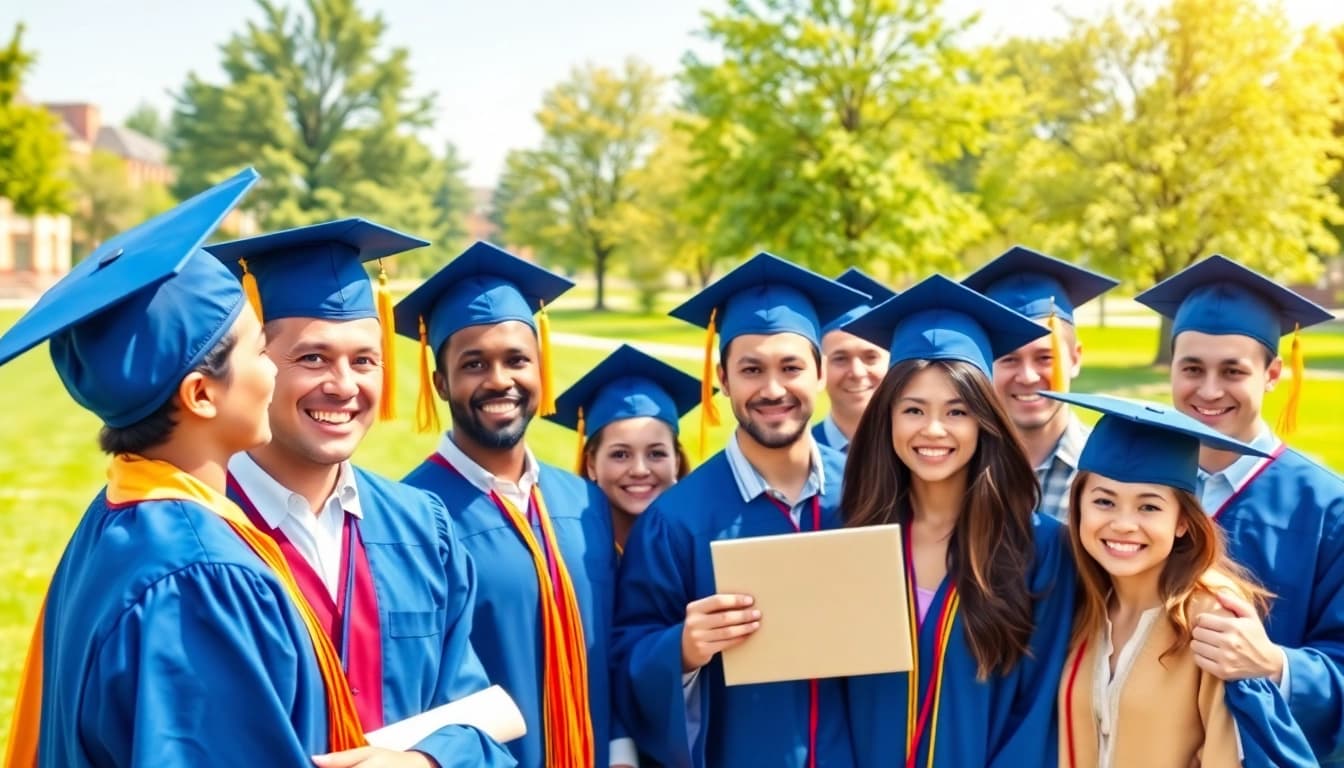Graduates celebrating achievement with diplomas in a vibrant university setting.