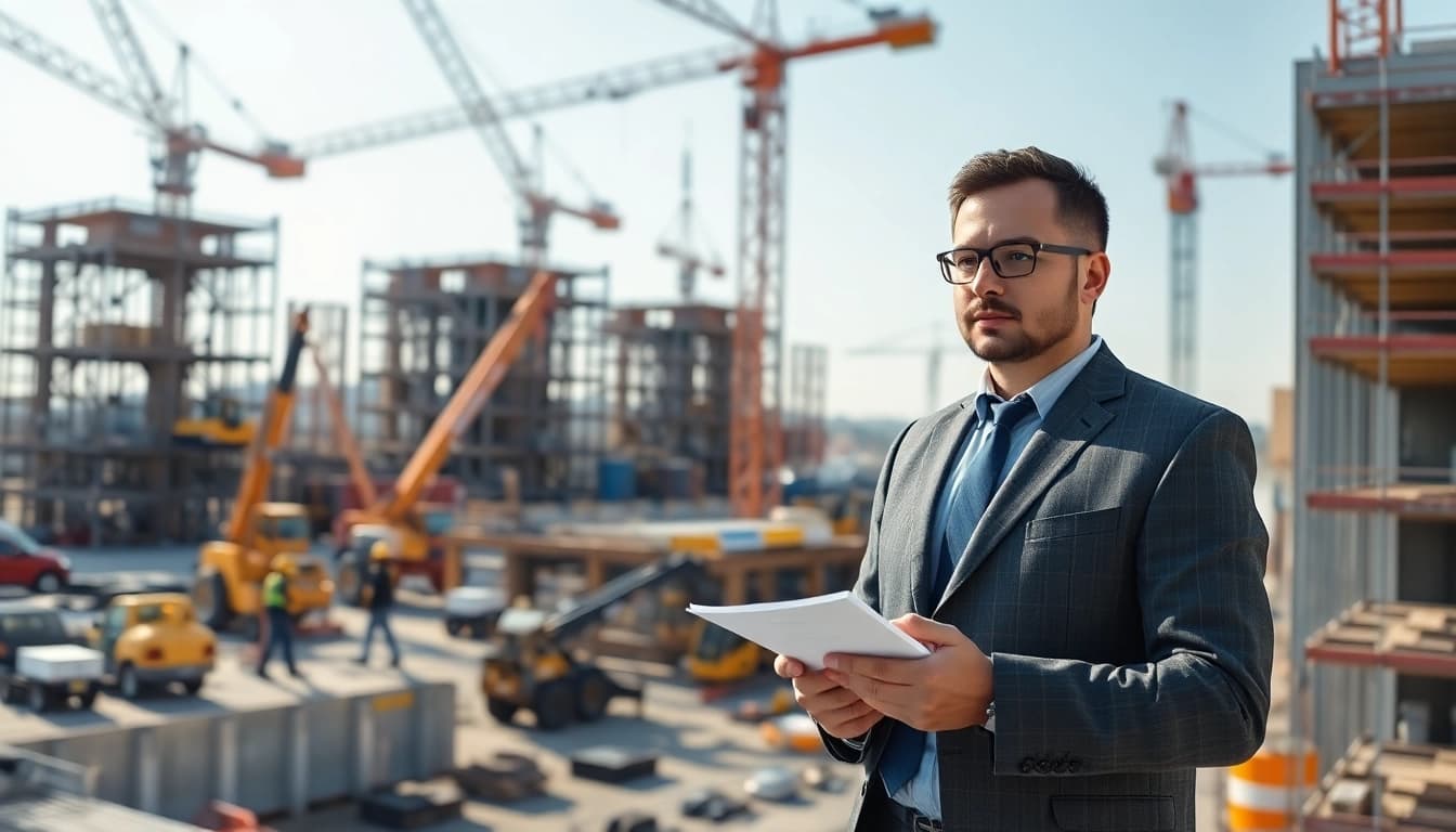 New Jersey Construction Manager monitors a busy construction site with cranes and workers.