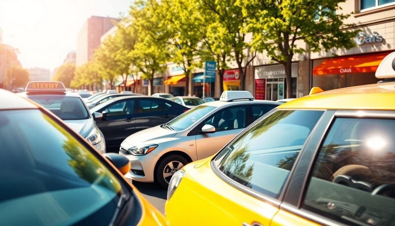 Cabs parked along a vibrant city street, showcasing diverse vehicles under bright sunlight.
