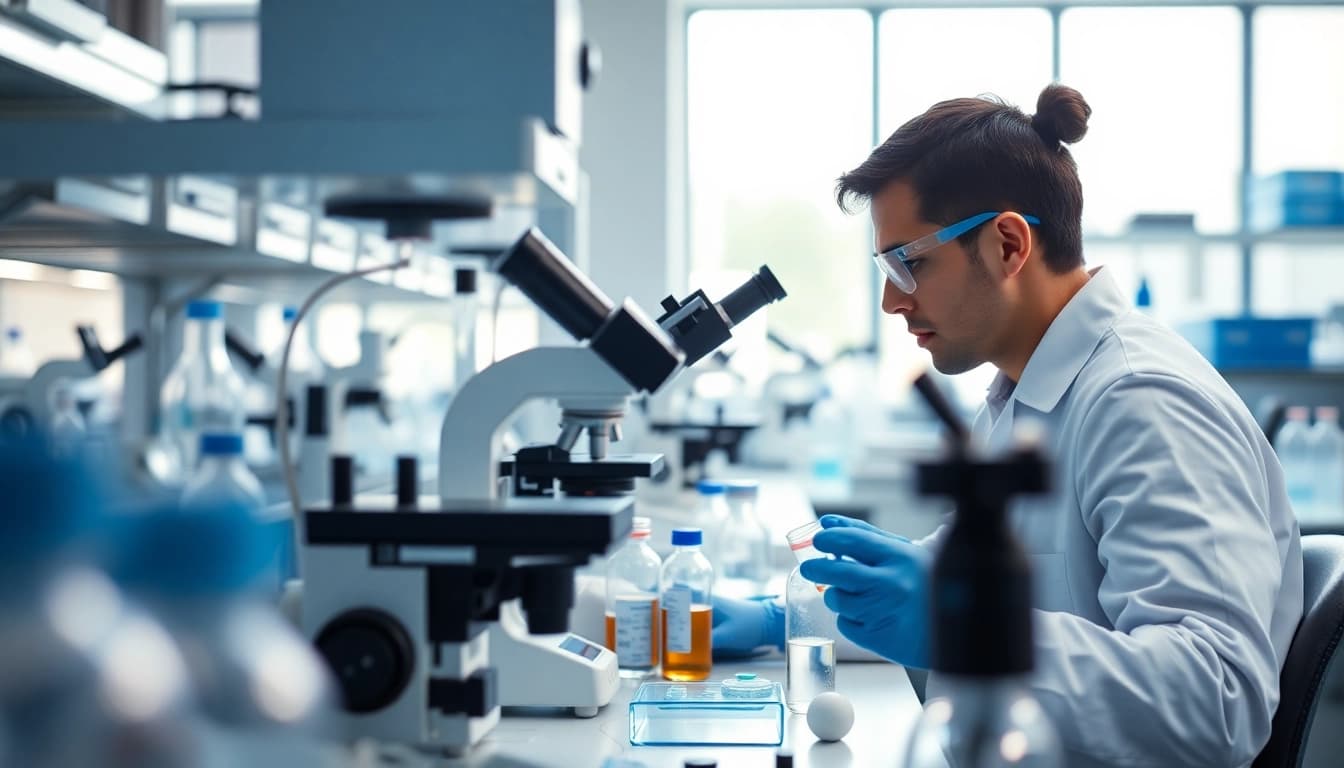 Peptides UK research in a professional lab environment with scientists analyzing solutions.