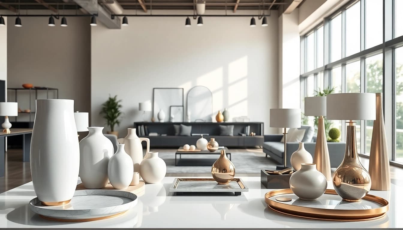 Elegant furniture accessories supplier showcasing stylish decor in a modern showroom.