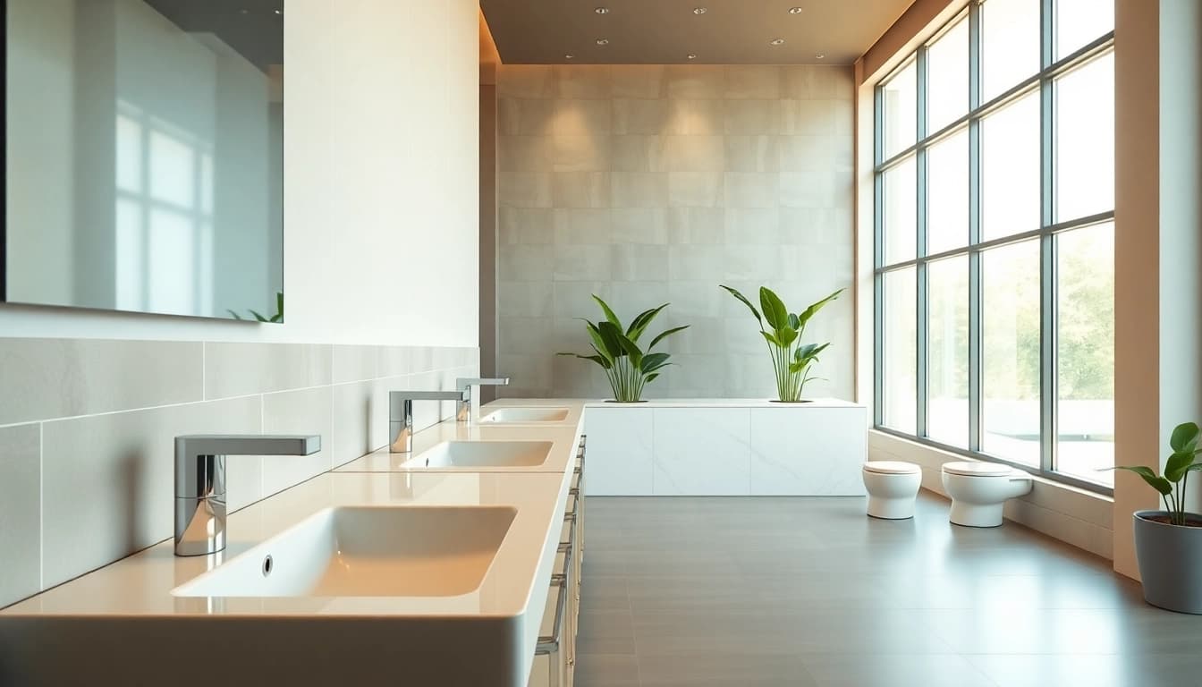 Showcasing commercial washroom refurbishment with modern fittings and tiled walls for a clean aesthetic.