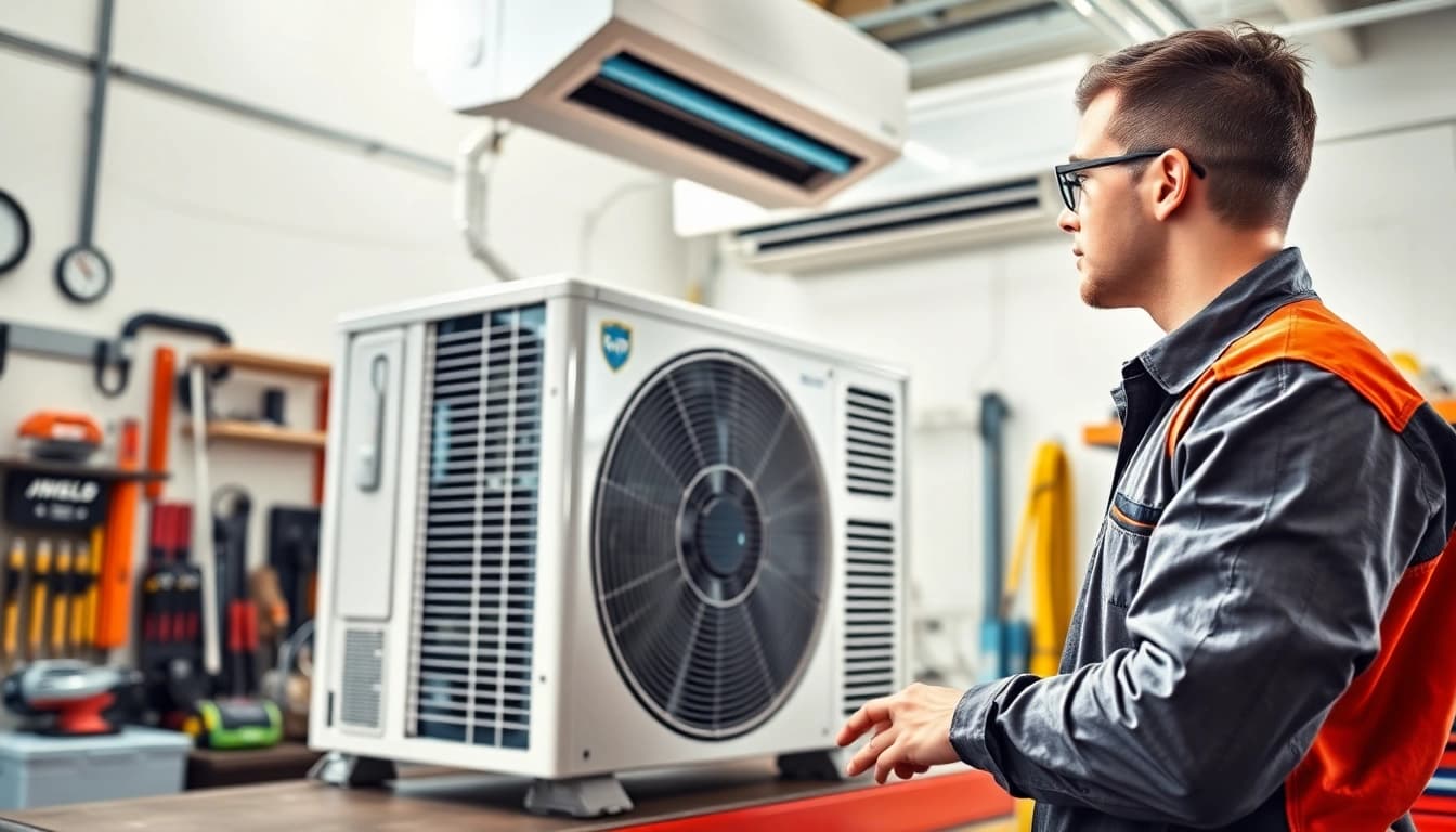 Technician performing AC Repair Tampa in a bright workshop, highlighting quality service.