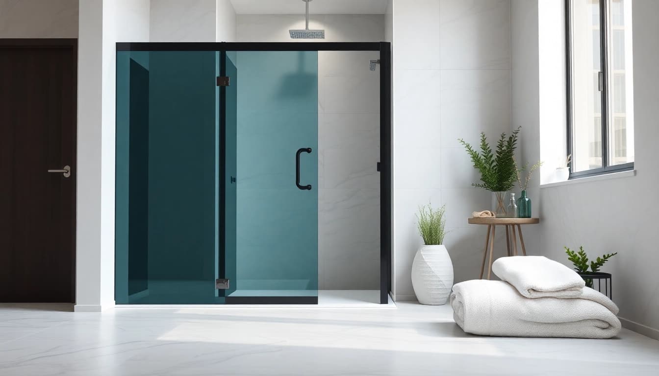 Stylish black shower door enhances a contemporary bathroom's elegance and modern design.