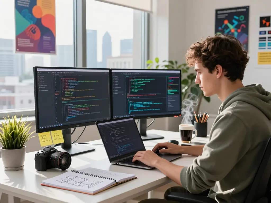 快连 tech workspace with developer coding and network metrics.