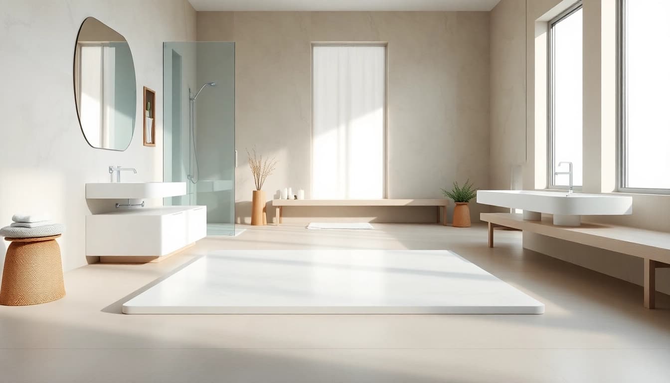 Showcasing elegant shower bases in a modern bathroom, emphasizing sleek design and clean lines.